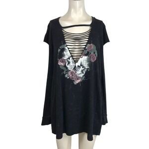 LOVE SICK - WOMEN'S 2 - BLACK LONG OPEN SLEEVES SKULL COTTON TOP